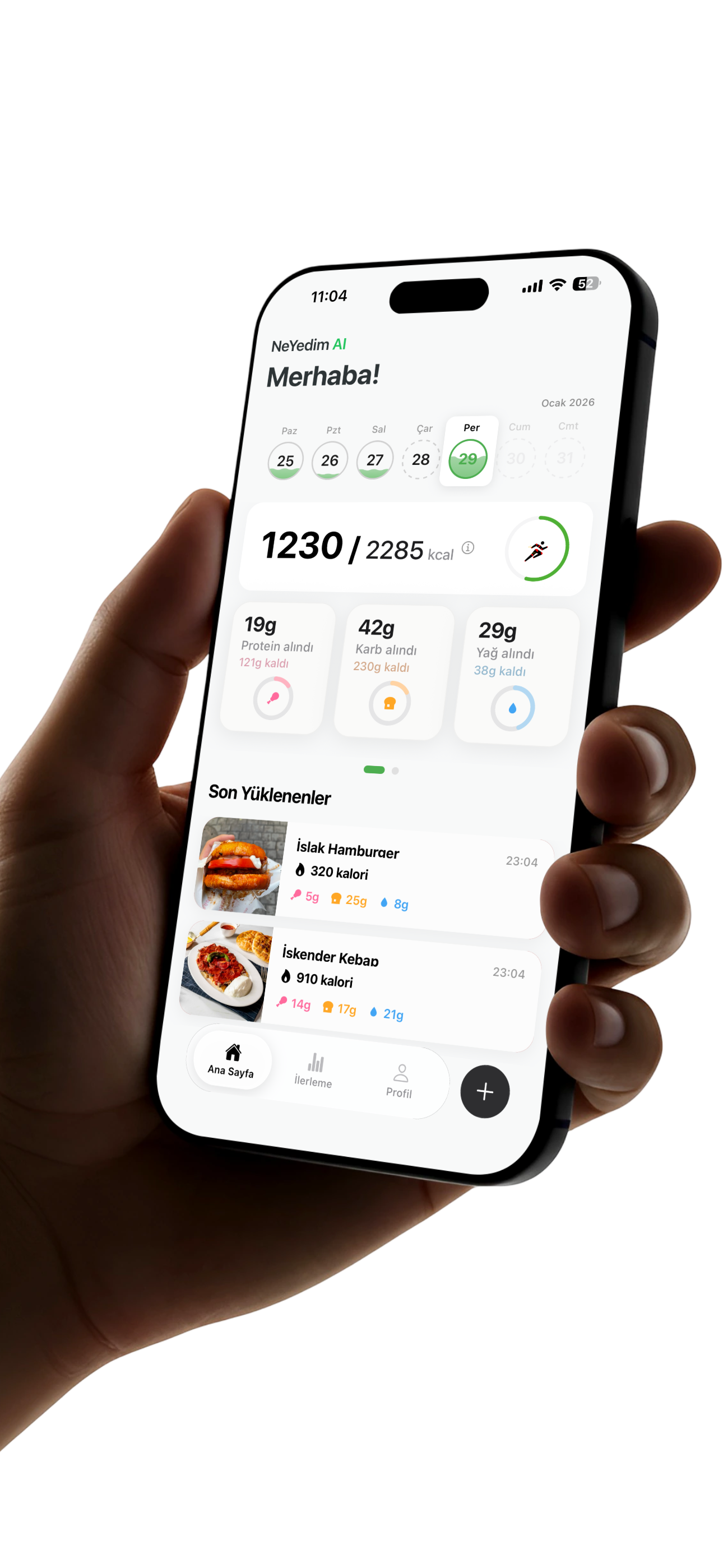 Günlük kalori takibi ekranı